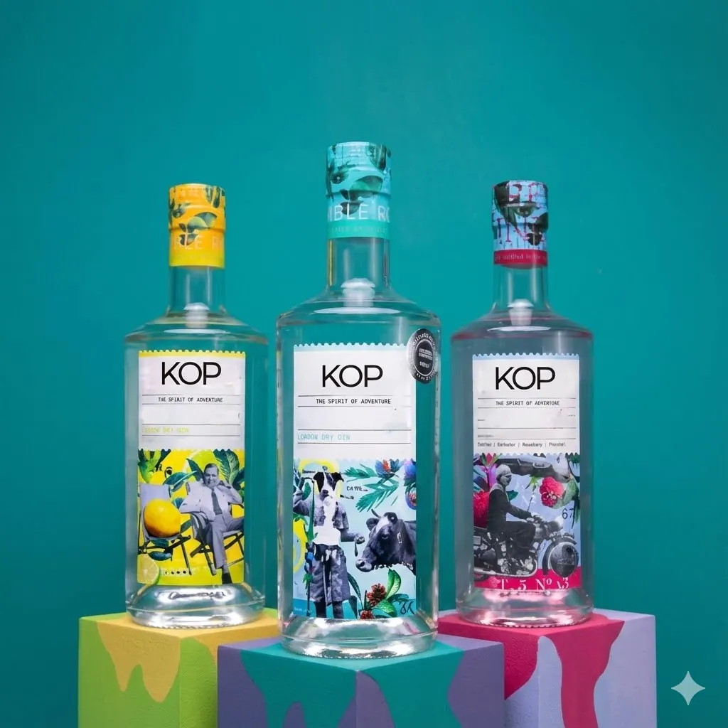 Three gin bottles with colourful personalised labels